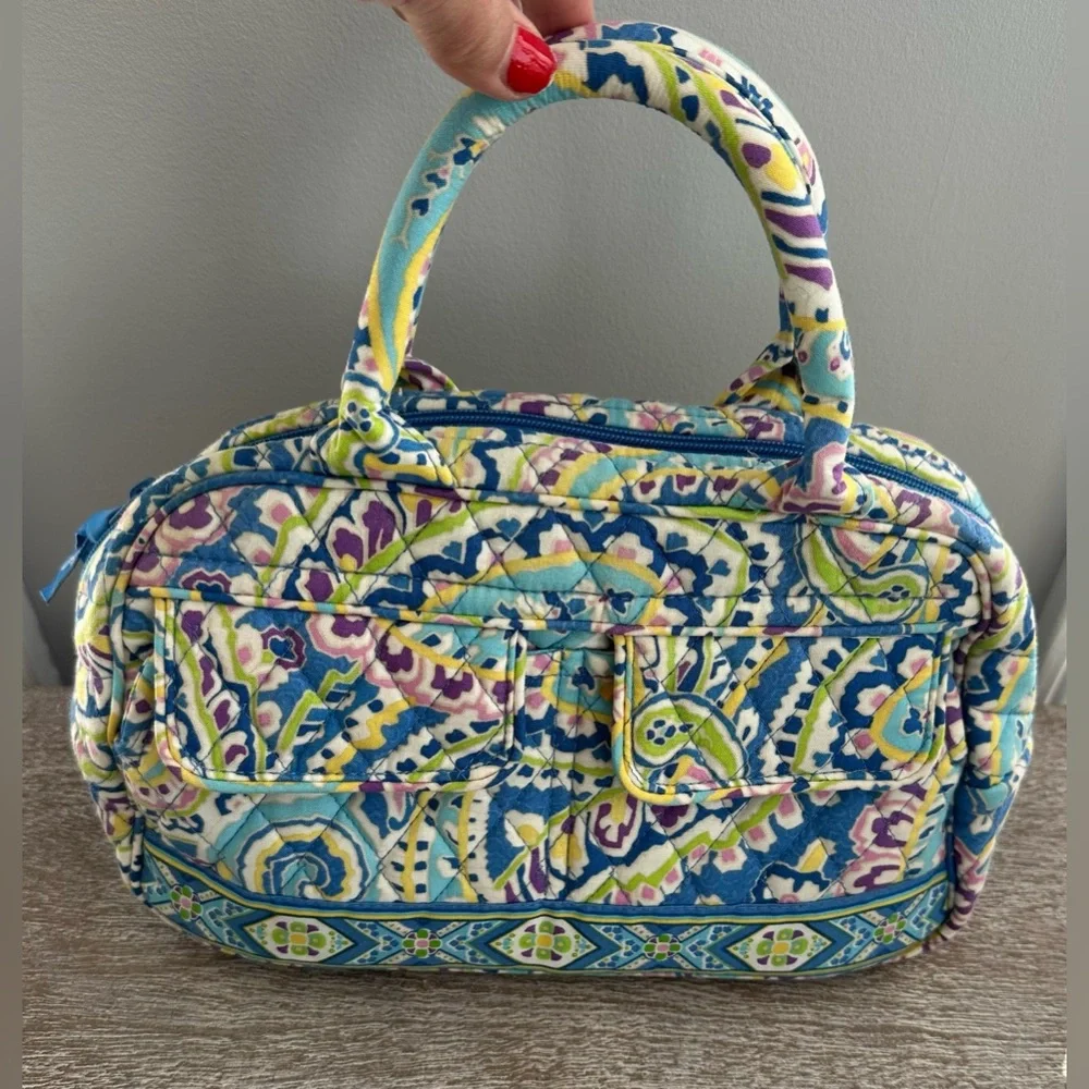 Vera Bradley Bowler Bag Blue Green Pink Paisley Double Handles Pockets Zip Close - Picture 2 of 11